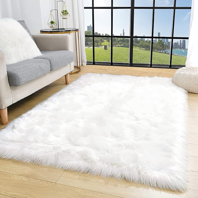 White Faux Fur Rug 3x5 Faux Sheepskin Rugs for Living Room Fluffy Washable Area Rugs for Bedroom Nursery Room Luxury Room Decor Furry Fuzzy Rug Rectangle Carpet