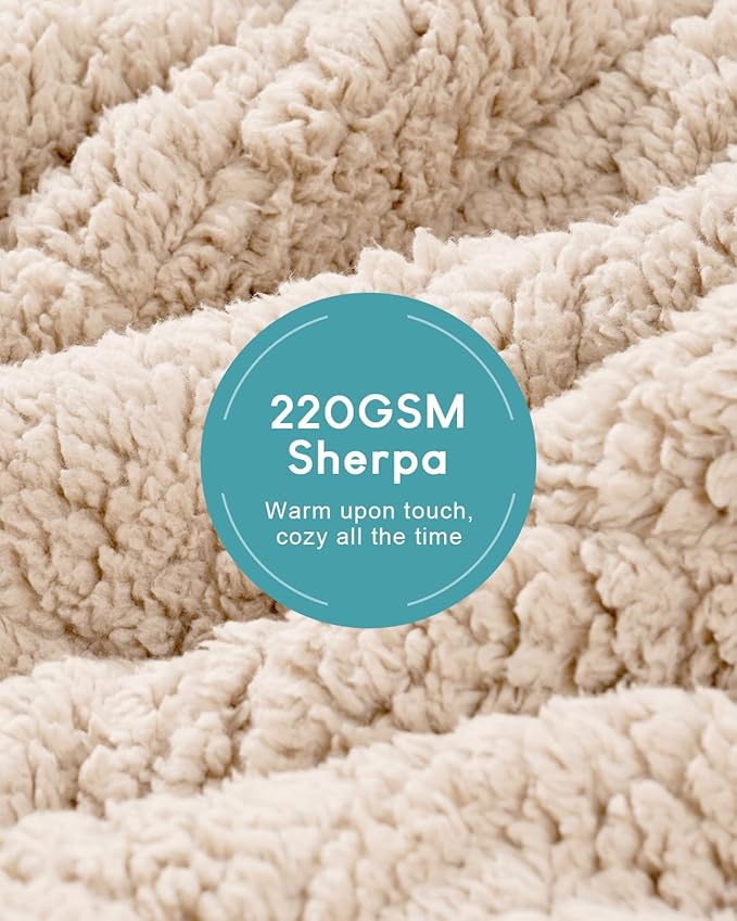 Cottonblue Jacquard Weighted Blanket 15 lbs for Adults Queen Size, Ultra Soft Sherpa Fleece Blanket for Relax and Sleep, Cozy Comfort Heavy Bed Blankets with Glass Beads, 60x80 Inches, Beige