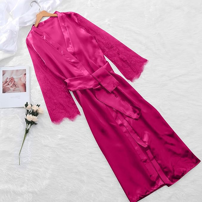 Mzkdieey Women's Floral Lace Robe Silk Kimono Bathrobe Long Bridesmaids Wedding Party Loungewear Sleepwear Dressing Gown