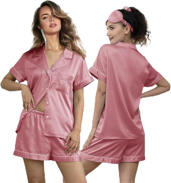 WJing Yi Jia 5Pcs Womens Soft Satin Pajama Set XS-4XL Button-Down Silk Pajamas Floral Sleepwear Bridal Pjs Lounge Pj Sets