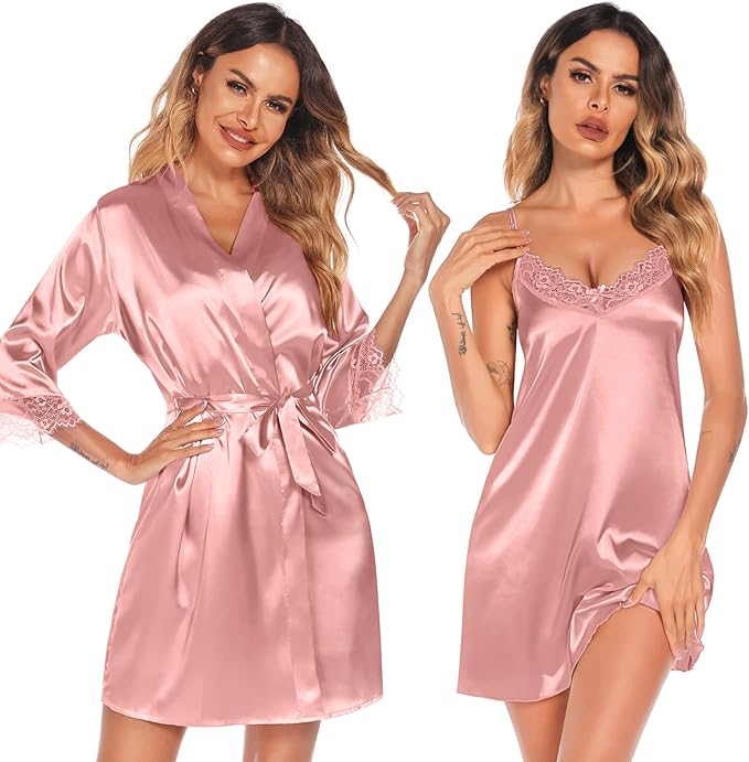 SWOMOG Women's Satin Robe Set 2 Piece Sexy Pajamas Sets Lace Cami Nightgown and Silk Robes Nightwear