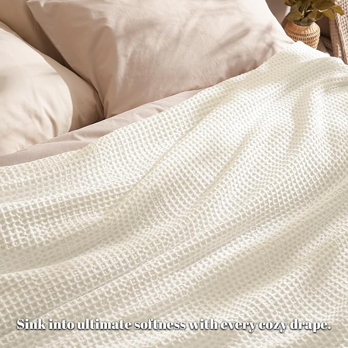 PHF Ultra Soft Waffle Weave Blanket King Size 104"x 90"- Washed Lightweight Breathable Cozy Woven Blanket for Bed - Aesthetic Decor for Couch Bedding Sofa Home Car - Coconut White