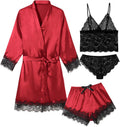 Womens 4 Pcs Lingeries Silk Pajamas Robes Set Sexy Pjs Cami Shorts Satin Sleepwear Lace Loungewear