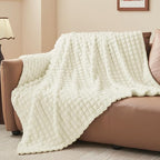 BEDELITE Cream Throw Blanket for Couch and Bed- Super Soft and Warm 3D Checkered Fluffy Fuzzy Fleece Blanket, Luxurious Plush Cozy Blanket for Room Decor Spring, 50x60 inches