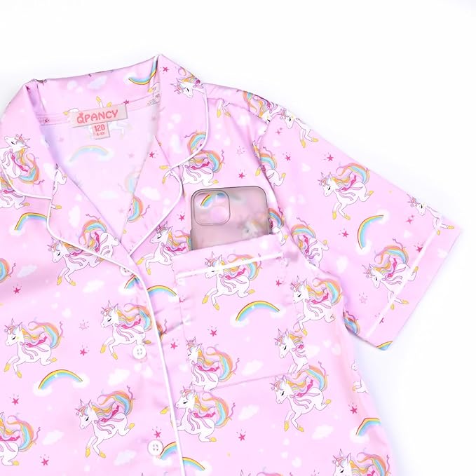 QPANCY Kids Satin Pajamas Sets Baby Boy Girl Button-Down Silk Sleepwear 2 Piece Short Sleeve Loungewear Clothes Set