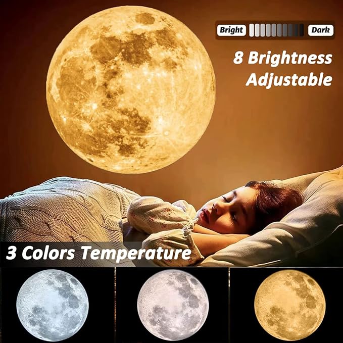 Upgraded Non-Fade Moon Projector Night Light, USB Powered Moon Lamp with 3 Lighting Colors, Brightness Adjustable Atmosphere Night Light Projector, Gift for Kids Couples Wall Ceiling Decor