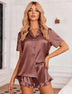 Ekouaer Womens Satin Pajamas Set Button Down 2 Piece Silk Pjs Shorts Set Ruffle Lingerie Notch Collar Sleepwear