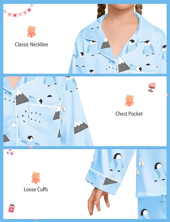 EPLAZA Kids Satin Pajamas Sets Girls Boys Button-Down Silky Pajamas Sleepwear with Hairband Eye Mask Hair Tie