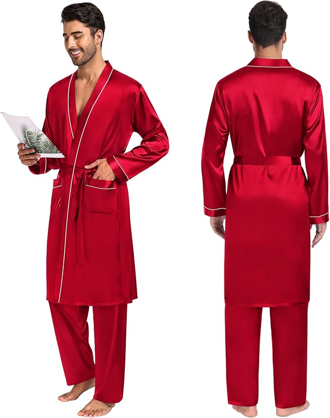 SWOMOG Mens 3 PCS Satin Robe with Pants & Shorts Set Kimono Bathrobe Long Sleeve Sleepwear Pjs Sets with Pockets