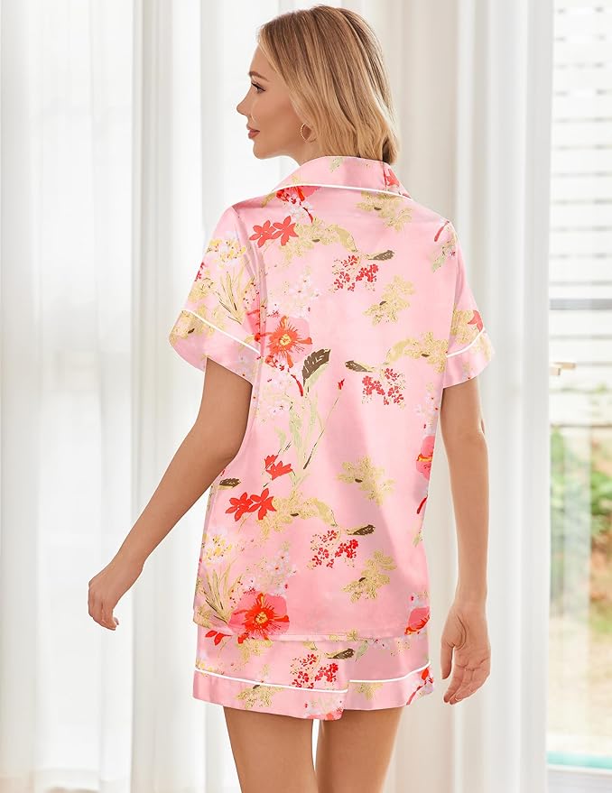 Ekouaer Womens Silk Satin Pajama Sets Soft Short Sleeve Button Down Sleepwear Top and Shorts 2 Piece Pjs Lounge Set