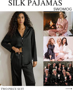 SWOMOG Long Sleeve Pajamas Set Silk Satin Sleepwear Button Down Pjs Loungewear with Pocket
