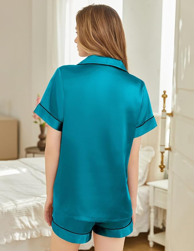 Silk Pajamas for Women Short Sleeve Sleepwear Soft Button Down Loungewear 2 Piece Satin Pjs Shorts Set S-XXL