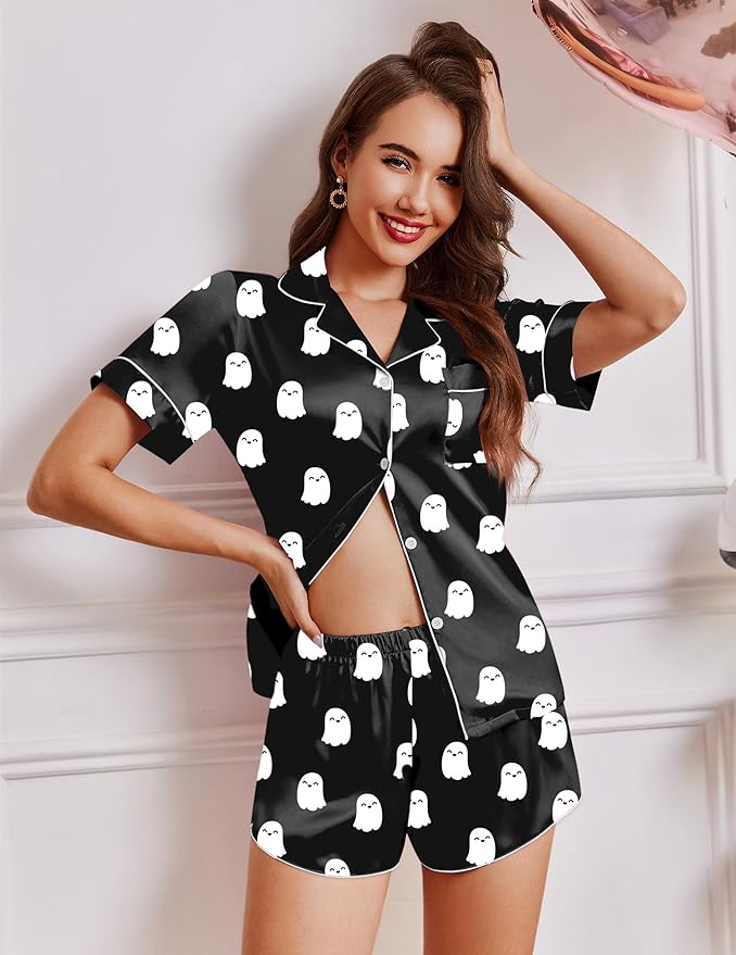 Ekouaer Womens Silk Satin Pajamas Short Sleeve PJS Shorts Set Soft Button Down Sleepwear 2 Piece Loungewear S-5XL