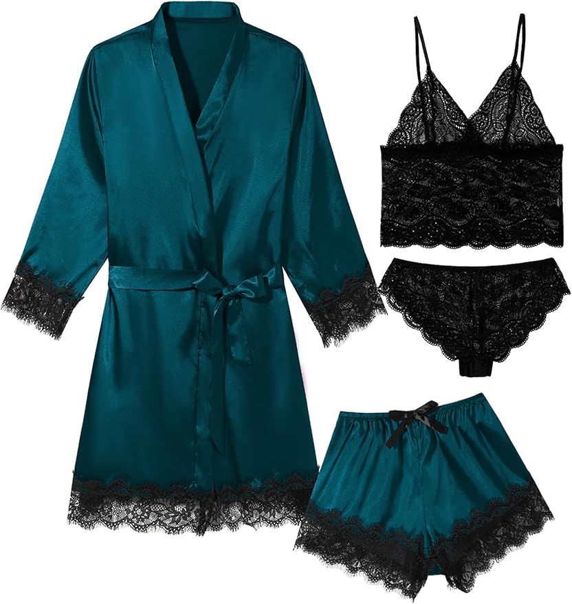 Womens 4 Pcs Lingeries Silk Pajamas Robes Set Sexy Pjs Cami Shorts Satin Sleepwear Lace Loungewear