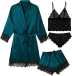 Womens 4 Pcs Lingeries Silk Pajamas Robes Set Sexy Pjs Cami Shorts Satin Sleepwear Lace Loungewear