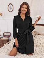 Ekouaer Women‘s Robes Lightweight 3/4 Sleeve Short Knit Bathrobe Soft Knee Length Sleepwear Robes with Pockets S-XXL