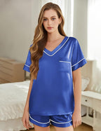 Silk Pajamas for Women Short Sleeve Satin 2 Piece Pj Set Soft V Neck Sleepwear Loungewear, S-XXL
