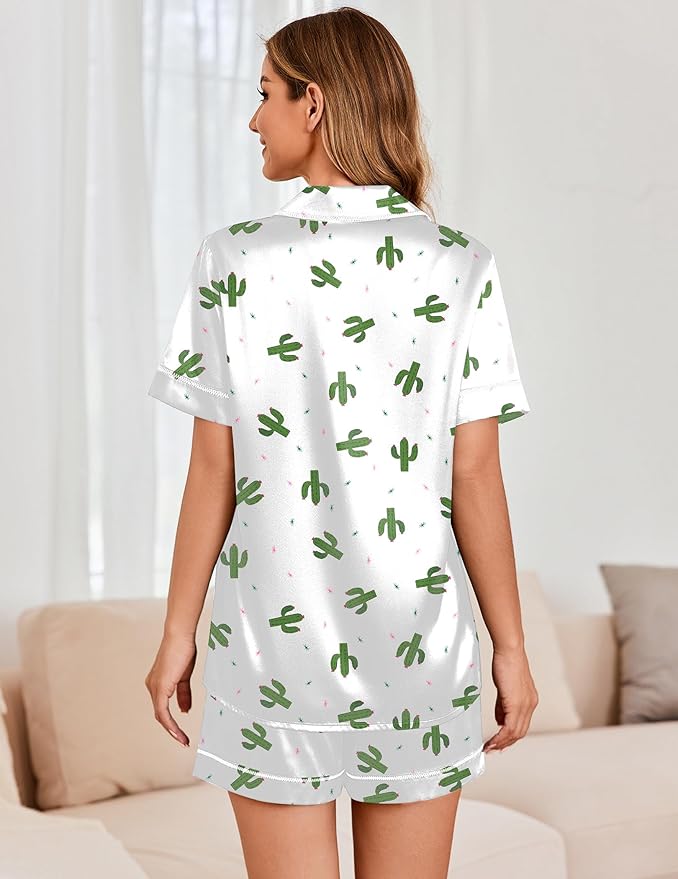 Ekouaer Womens Satin Silk Pajamas Set Short Sleeve Sleepwear Button Down Top and Shorts Loungewear 2 Piece Pjs Set S-XXL