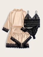 WDIRARA Women' Silk Satin Pajamas Set 4pcs Lingerie Floral Lace Cami Sleepwear with Robe