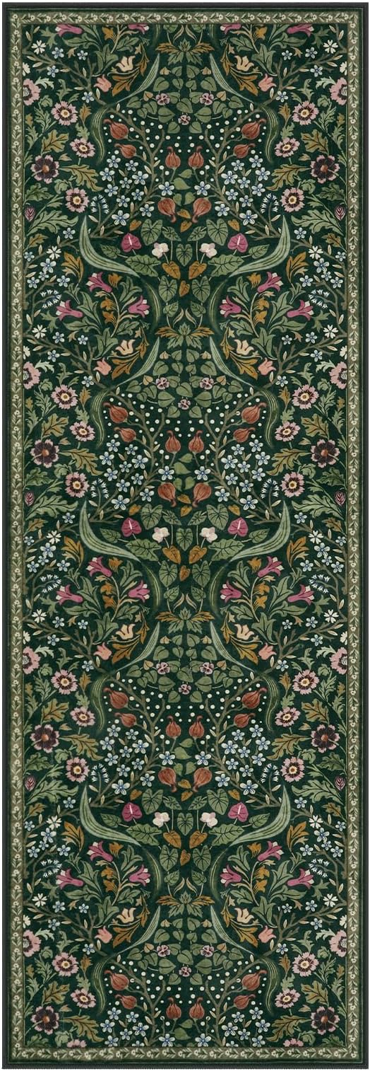 Lahome Claude Floral Hallway Runner, 2x6 Green Washable Runner Rug for Kitchen Non Slip, Soft Stain Resistant Long Carpet for Bathroom Entryway with Rubber Backing