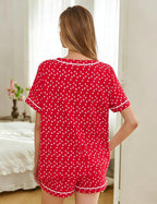 ASTANFY Valentines Day Pajamas Women 2 Piece Silk Valentine Pjs Cute Heart Pajamas V Neck Satin Sleepwear Loungewear Set