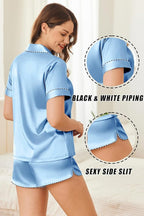 Ekouaer Silk Satin Pajamas Set Short Sleeve Pj Sets Black & White Contrast Piping Pjs Button Down Lounge Sets 2 Piece
