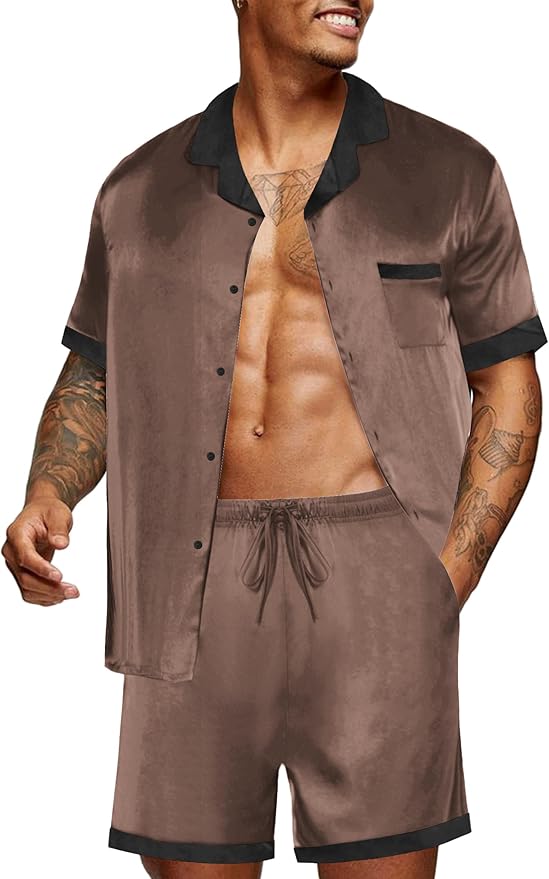 Ekouaer Men Satin Silk Pajamas Set with Pockets Sleepwear Shorts Satin Summer Loungewear 2 Piece Button Down Set S-3XL