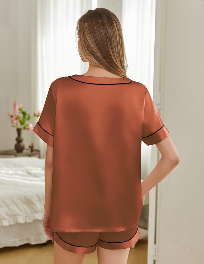 Silk Pajamas for Women Short Sleeve Satin 2 Piece Pj Set Soft V Neck Sleepwear Loungewear, S-XXL