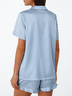 LILLUSORY Womens Satin Silk Pajamas Set 2 Piece Ruffle Pjs Winter Matching Lounge Sleepwear Button Down Striped Shirt Shorts