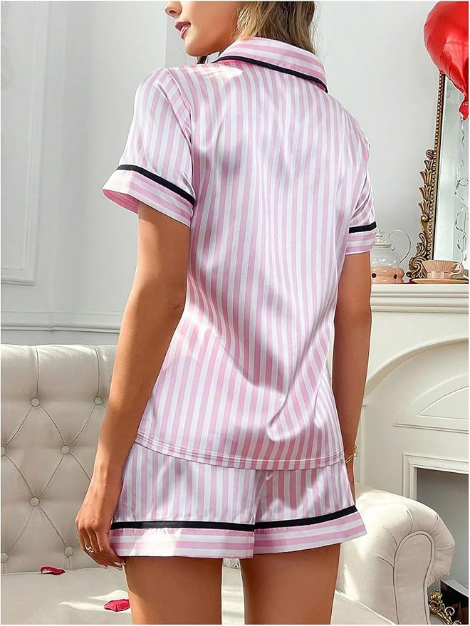 WDIRARA Women's Sleepwear Satin Short Sleeve Shirt and Shorts Pajama Set