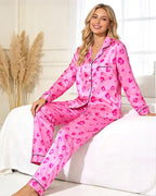 Womens Satin Pajama Set 2 Piece Silk Long Sleeve Pjs Soft Button Down Loungewear Sleepwear