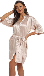 Women's Pure Short Kimono Robes Bride Bridesmaids Silky Bathrobe Lightweight Satin Sleepwear