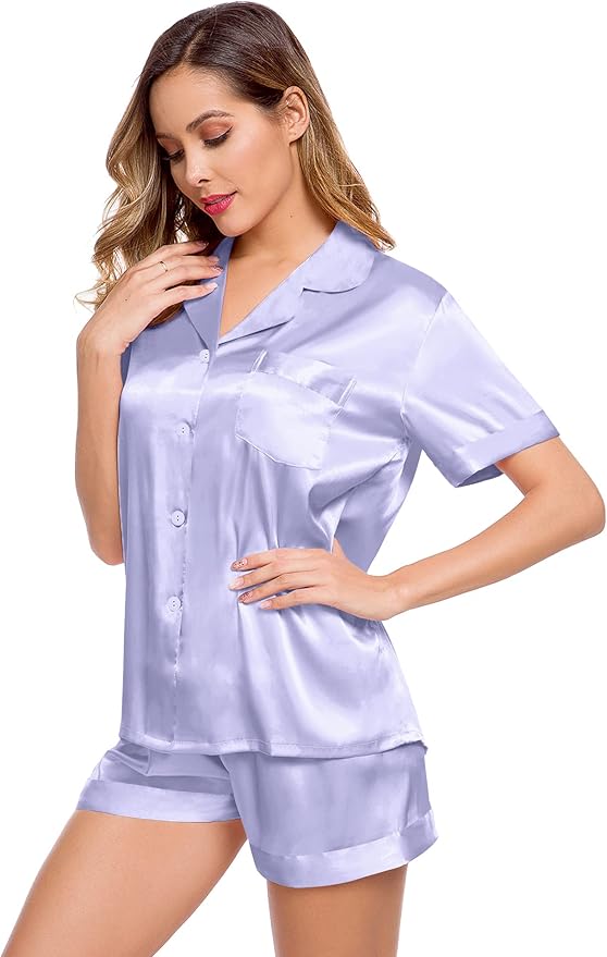 LecGee Womens Silk Satin Pajamas Short Sleeve Loungewear Two-Piece Sleepwear Button-Down Pj Set