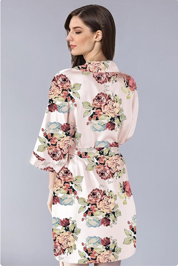 WJing Yi Jia 2Pcs Womens Floral Kimono Robe Silk Robes Bride Bridesmaid Satin Robes Bridal Dressing Gown Silky Bathrobe
