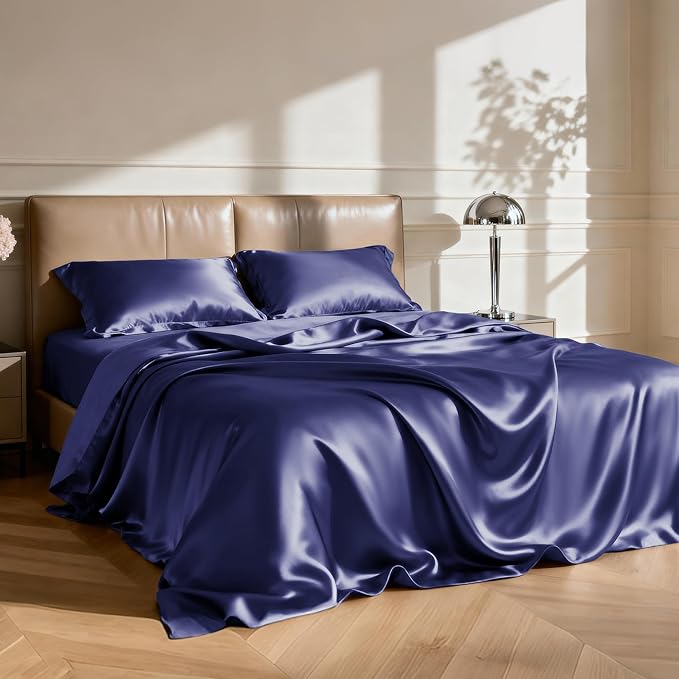 Love's cabin Full Size Satin Sheet Sets - 4 Piece Navy Blue Silky Sheet Set Full with Deep Pocket, Luxury Silk Feel Satin Bed Sheets Full Bedding Set (1 Flat Sheet,1 Fitted Sheet,2 Pillow Cases)