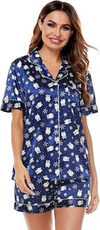 SWOMOG Womens Silk Satin Pajamas Set Short Sleeve Sleepwear Button Down Top and Shorts Loungewear 2 Piece Pjs Set XS-3XL
