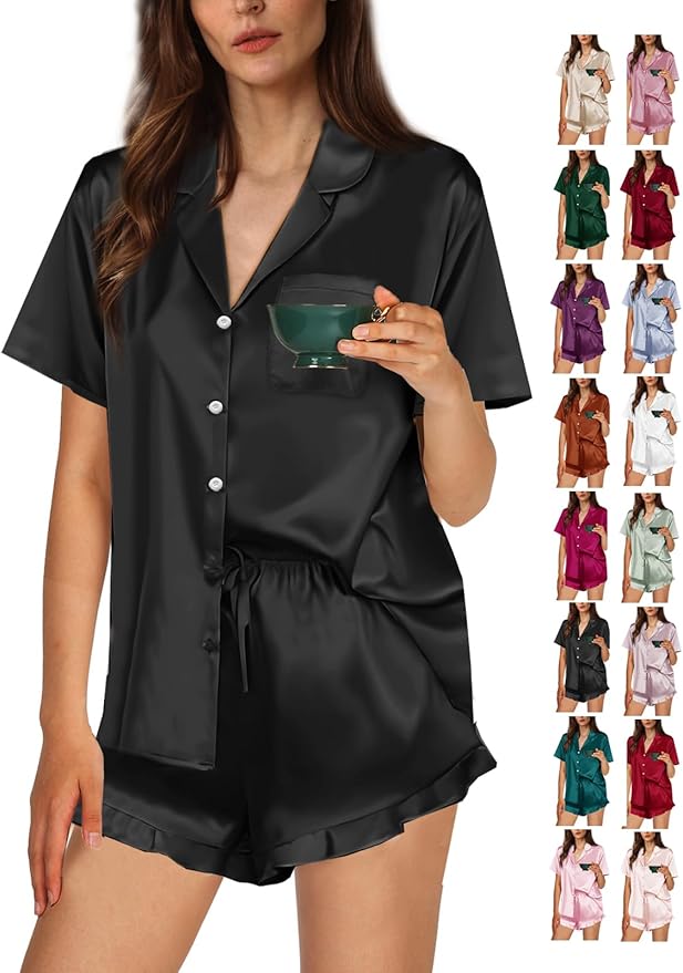WJing Yi Jia Ruffle Pajama Sets For Women XS-4XL Womens Silk Satin Pajamas Set Silky Sleepwear Pj Sets Nightwear Loungewear