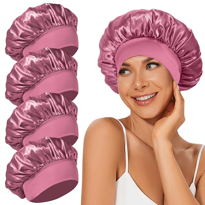 4Pcs Satin Bonnet Silk Bonnet, Hair Bonnet for Sleeping, Elastic Wide Band Silk Sleep Cap, Soft and Breathable(Rose Pink*4)
