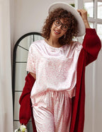 Ekouaer Womens Satin Silky Pajama Set Short Sleeve Shirt with Long Pajama Pant Set Soft PJ Loungewear