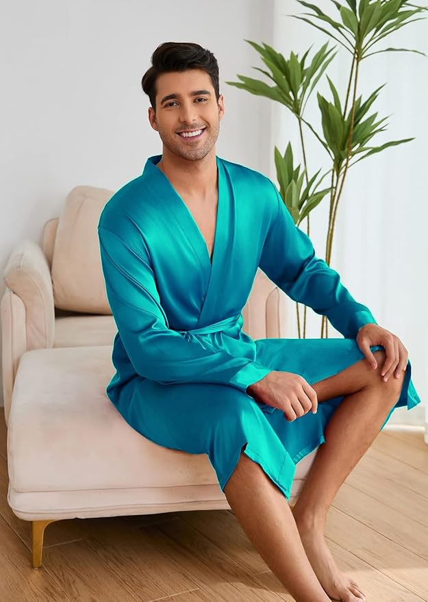 ZUEVI Men's Kimono Robe Set Silk Satin Long Sleeve Bathrobe with Shorts 2 PCS Sleepwear Pjs Sets