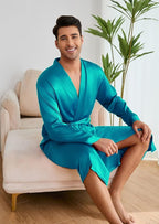 ZUEVI Men's Kimono Robe Set Silk Satin Long Sleeve Bathrobe with Shorts 2 PCS Sleepwear Pjs Sets