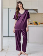 Ekouaer Satin Pajama Set for Women Short Sleeve Silky Pjs 2 Piece Lounge Sets Soft Comfy Sleepwear Loungewear S-XXL