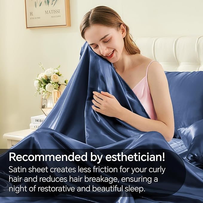 BEDELITE Satin Sheets Twin Size Bed Set, Luxury Soft Navy Silky Sheets for Hair and Skin, Similar to Silk Bed Sheets Set 3 Pieces with 1 Deep Pocket Fitted Sheet, 1 Flat Sheet, and 1 Pillowcase