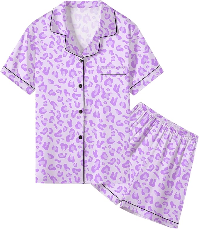 Umeyda Women & Girls Pajamas Set, Soft Satin Lightweight Silk Button-Down Top with Shorts 2 Piece PJS for Mom Boys Kids Gifts