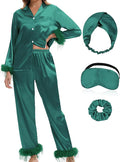 MORFORU Satin Pajama Set for Women Feather Trim Long Sleeve Pjs with Sleep Mask Headband Scrunchie Sleepwear Lounge Set