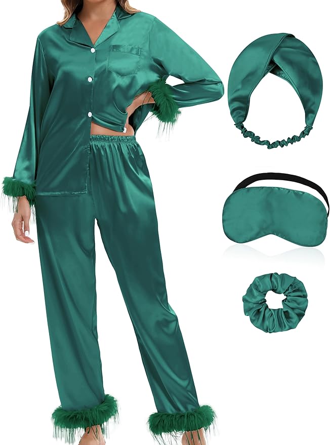 MORFORU Satin Pajama Set for Women Feather Trim Long Sleeve Pjs with Sleep Mask Headband Scrunchie Sleepwear Lounge Set