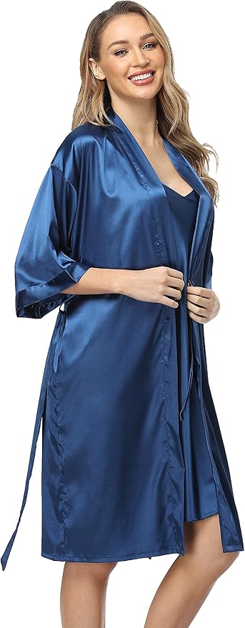 Women's Satin Robes Set with Nightgown Silk Kimono Pajamas 2 Piece Sleepwear Camisole Wedding Bride Gown Set
