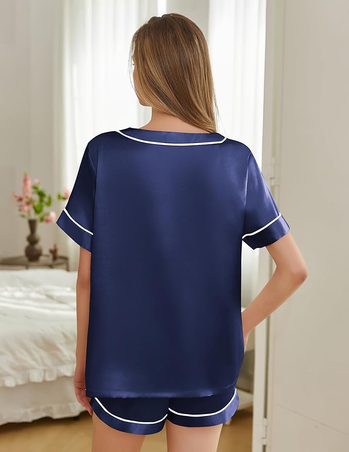 Silk Pajamas for Women Short Sleeve Satin 2 Piece Pj Set Soft V Neck Sleepwear Loungewear, S-XXL