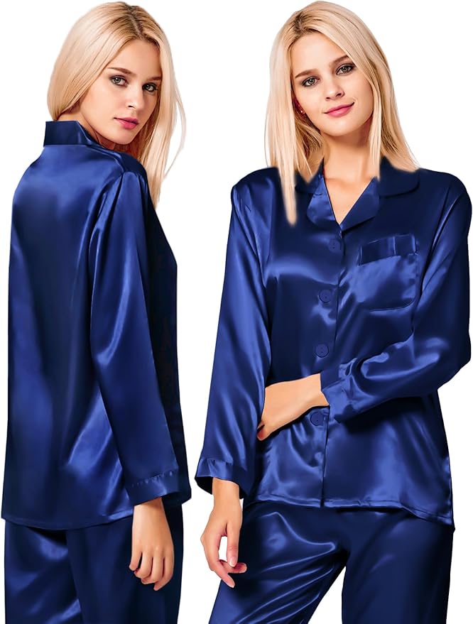 SWOMOG Long Sleeve Pajamas Set Silk Satin Sleepwear Button Down Pjs Loungewear with Pocket