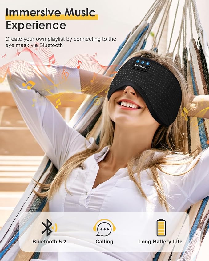 Bluetooth Sleep Headphones Sleep Mask | Breathable Eye Mask for Sleeping | 16hrs Playingtime | Light Blocking Eye Mask |Wireless Music Eye Mask | Best for Sleeper | Travel |Black
